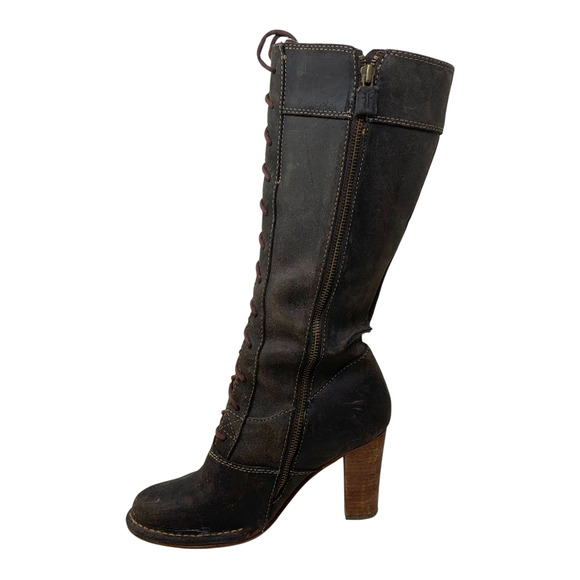 Frye Villager Lace Up Heeled Boots Women's Sz 6.5 Knee High Oiled Brown Leather - Picture 5 of 12